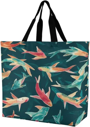 Women's Large-capacity Shoulder Shopping Bag Reusable Foldable Shopping Bags Cyan Fish Pattern Beach Bag