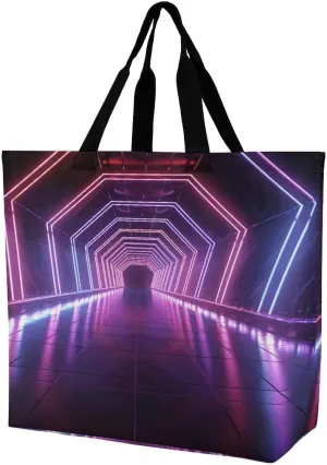 Women's Large-capacity Shoulder Shopping Bag Reusable Foldable Shopping Bags Neon Lights Tunnel Beach Bag