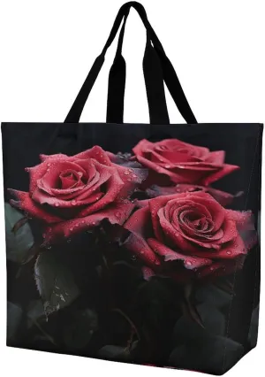 Women's Large-capacity Shoulder Shopping Bag Reusable Foldable Shopping Bags Red Rose And Black Leaves Beach Bag