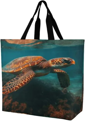 Women's Large-capacity Shoulder Shopping Bag Reusable Foldable Shopping Bags Sea Turtle Swimming Beach Bag