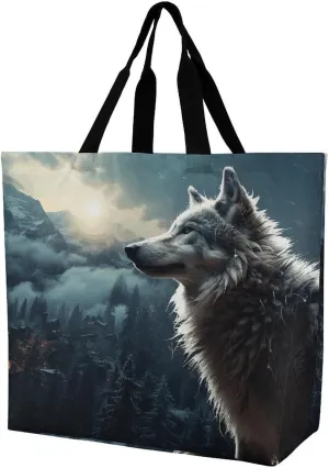 Women's Large-capacity Shoulder Shopping Bag Reusable Foldable Shopping Bags Wolf at Night Beach Bag