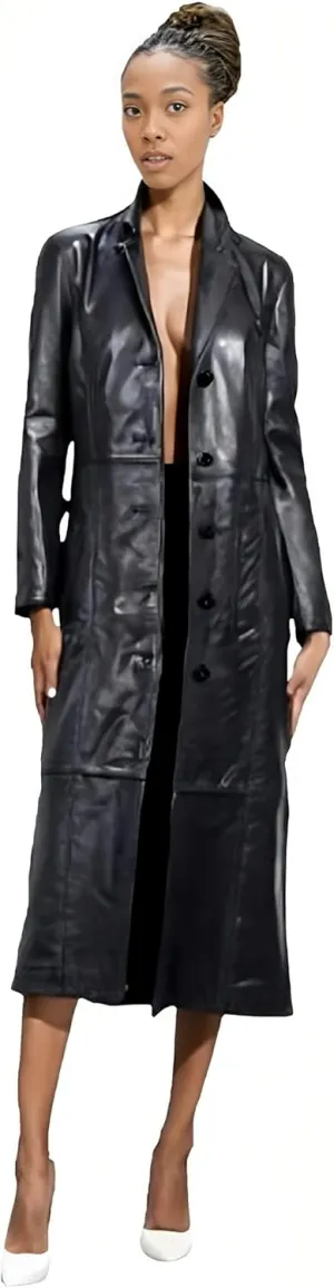 Women’s Long Coat | Real Lambskin Leather, Black Classic Style, Trench, Overcoat