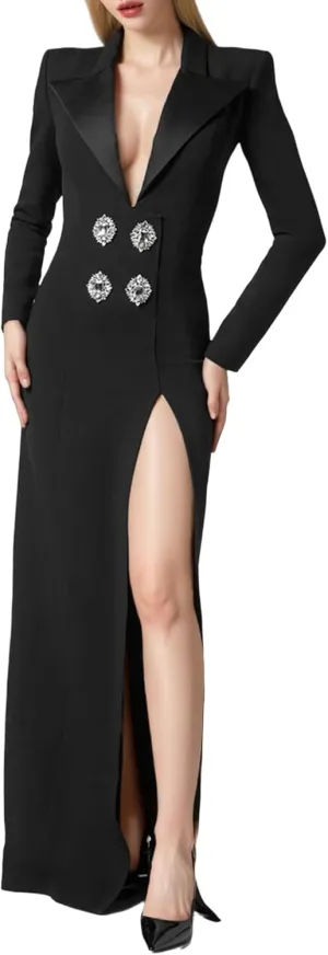 Women's Long Jacket Dress Sexy V Neck Diamonds Button Split Slim Blazer Dresses Evening Party Gowns