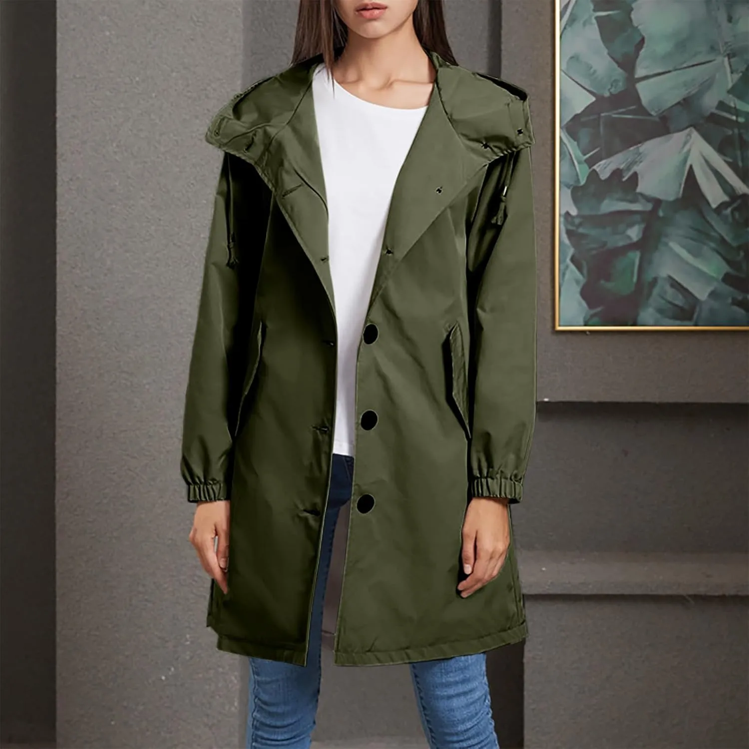 Women's Long Rain Jacket Windproof with Hood Button Trench Coat Travel Raincoats Outdoor Active Coats