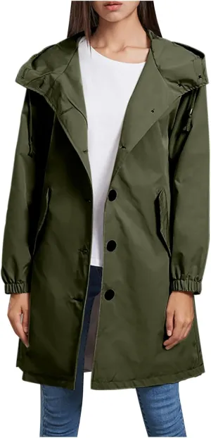 Women's Long Rain Jacket Windproof with Hood Button Trench Coat Travel Raincoats Outdoor Active Coats