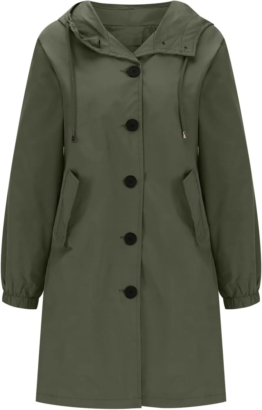 Women's Long Rain Jacket Windproof with Hood Button Trench Coat Travel Raincoats Outdoor Active Coats