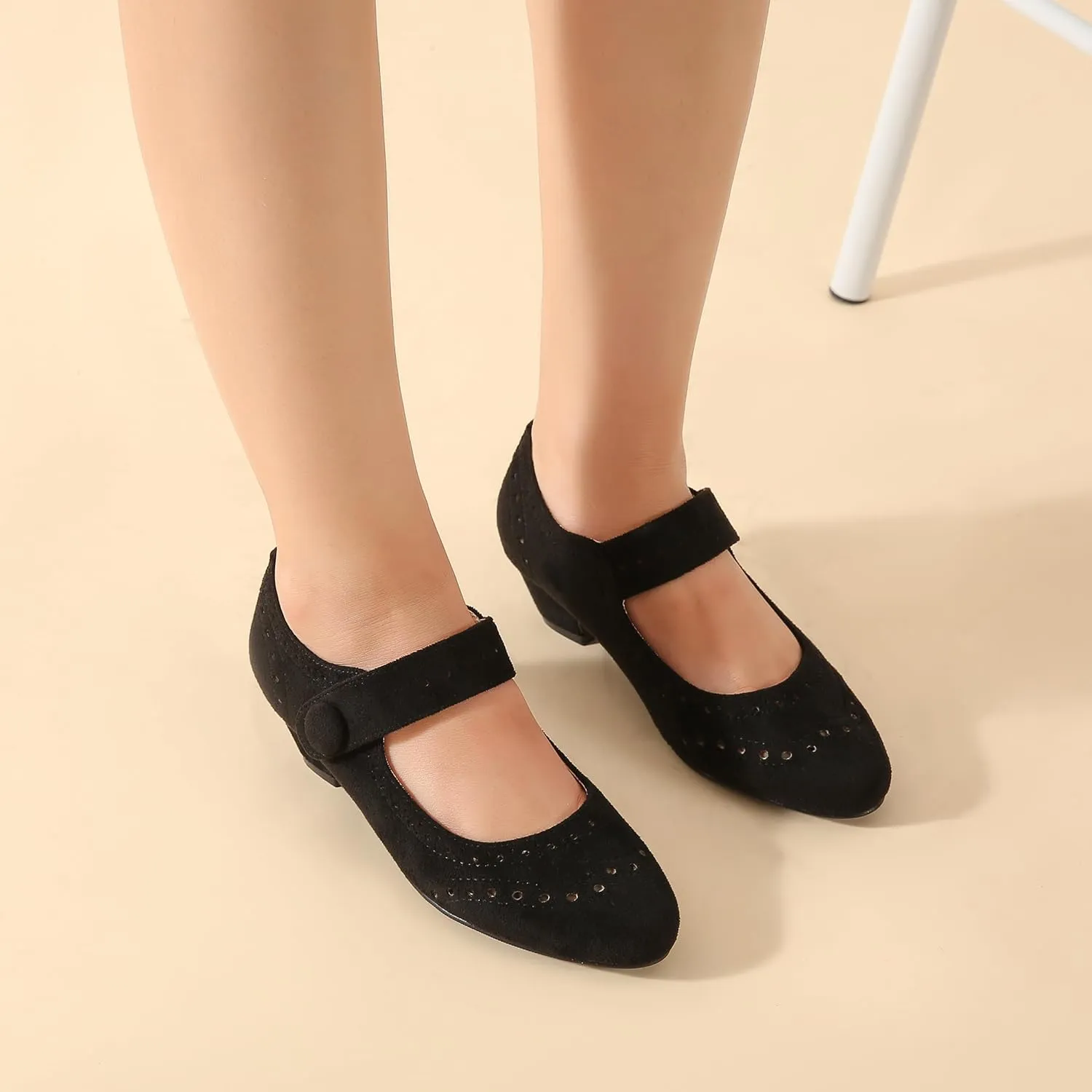 Women's Low Chunky Heel Ankle Strap Cut Out Closed Toe Pumps Hook and Loop Retro D'Orsay Vintage Dressy Wedding Party Church Shoes