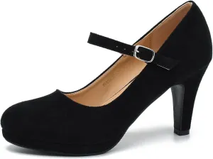 Women's Low Kitten Heels Mary Jane Shoes Closed Round Toe Retro Ankle Strap Office Work Church Wedding Pumps Black Velvet-42US 9