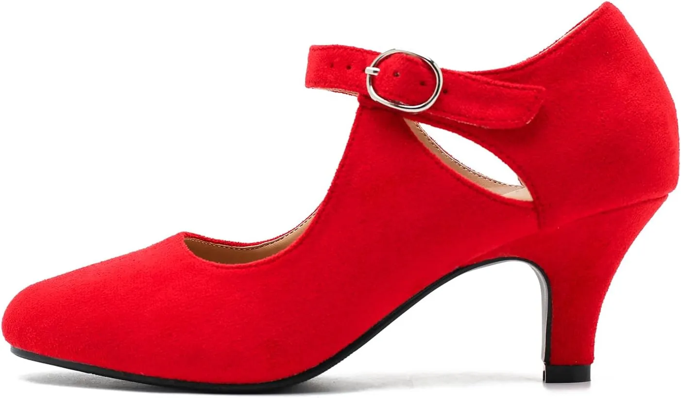 Women's Low Kitten Heels Mary Janes Pumps Cutout Round Toe Retro Vintage Hollow Out Ankle Strap Dress Shoes