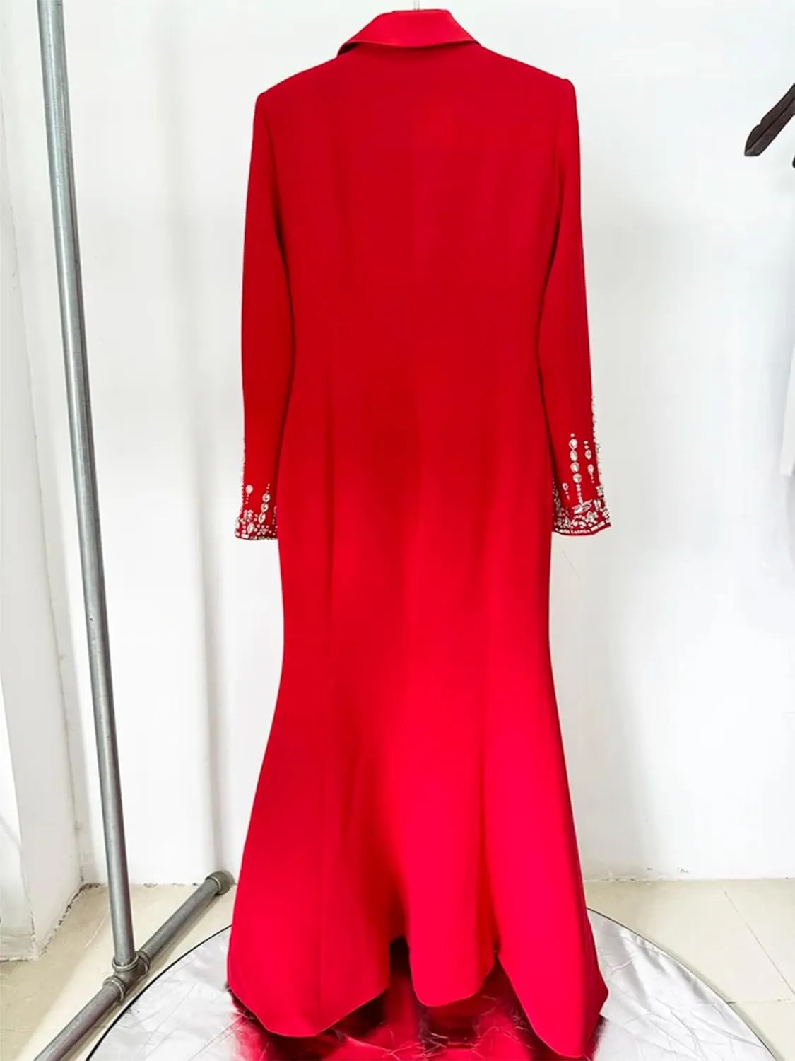 Women's Maxi Blazer Dress Notched Collar Rhinestone Diamonds Beading Evening Party Prom Jacket Dresses