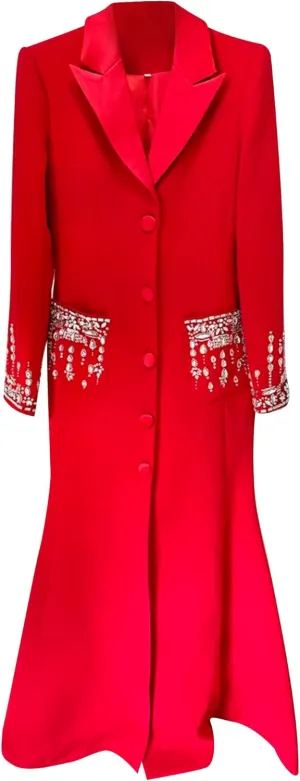 Women's Maxi Blazer Dress Notched Collar Rhinestone Diamonds Beading Evening Party Prom Jacket Dresses