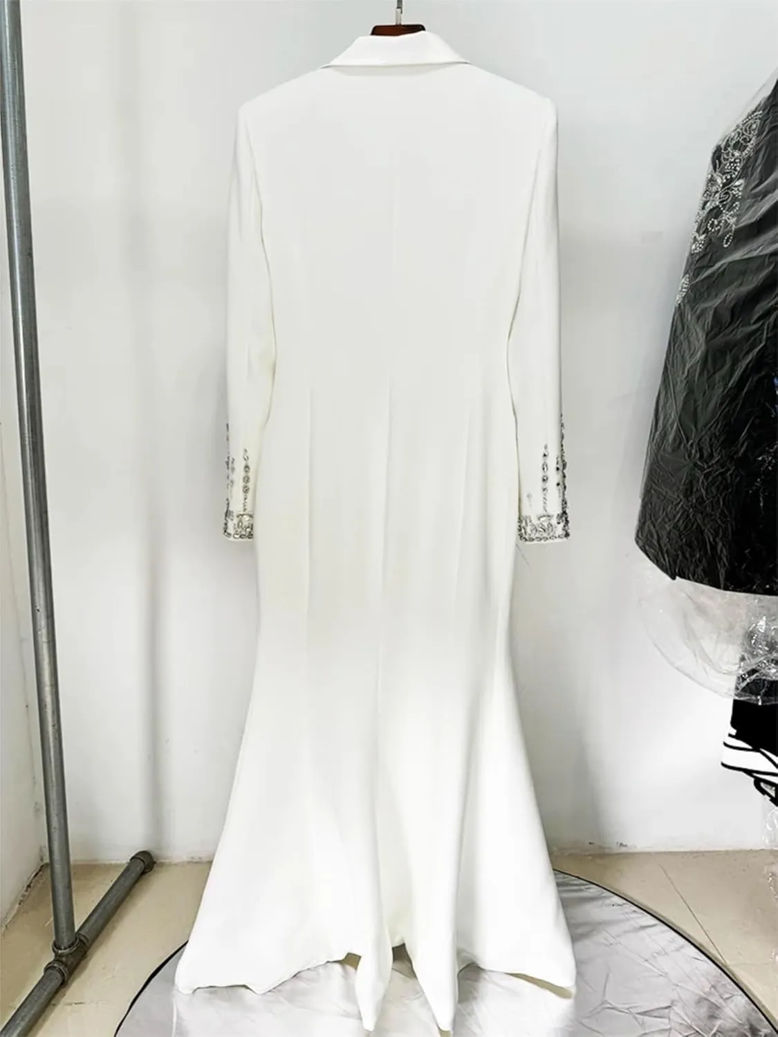 Women's Maxi Blazer Dress Notched Collar Rhinestone Diamonds Beading Evening Party Prom Jacket Dresses