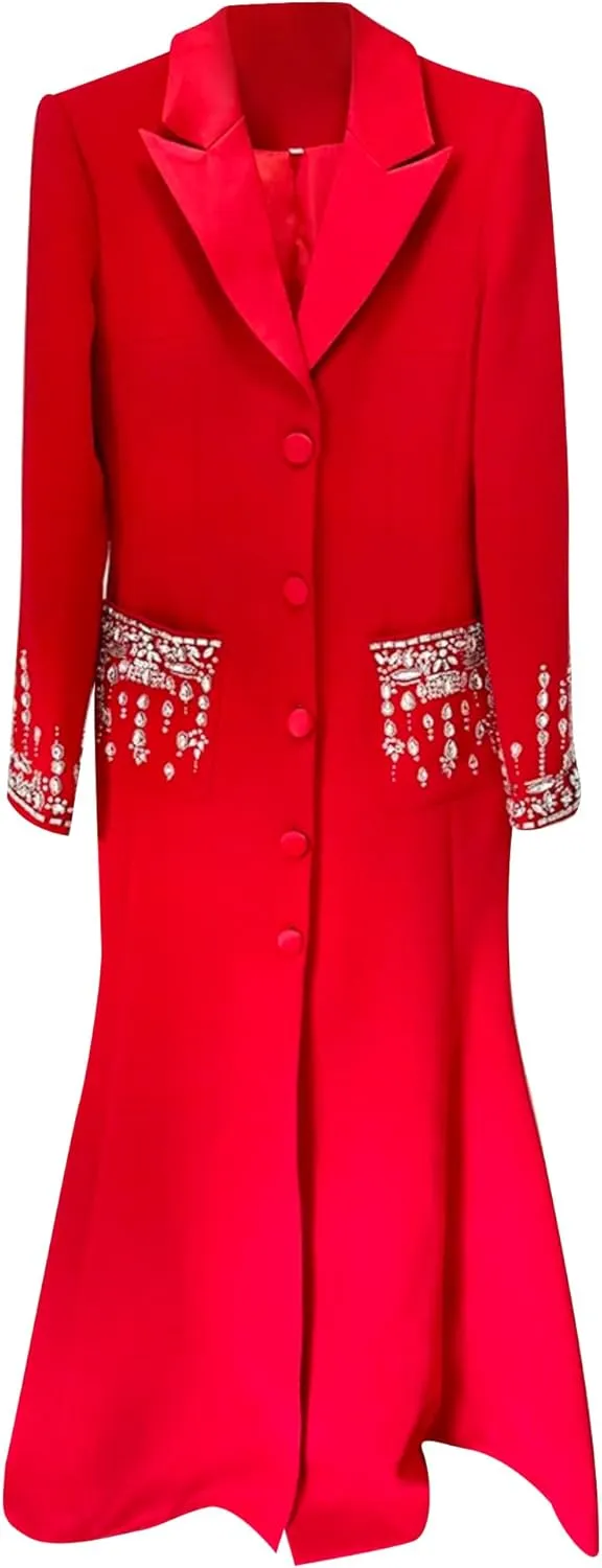 Women's Maxi Blazer Dress Notched Collar Rhinestone Diamonds Beading Evening Party Prom Jacket Dresses