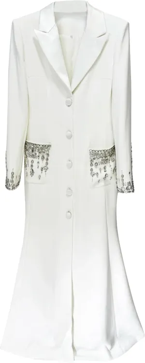 Women's Maxi Blazer Dress Notched Collar Rhinestone Diamonds Beading Evening Party Prom Jacket Dresses