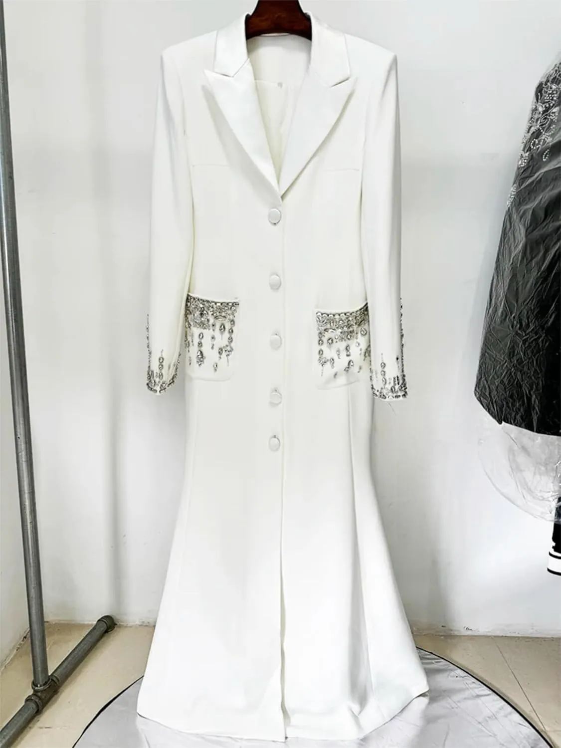 Women's Maxi Blazer Dress Notched Collar Rhinestone Diamonds Beading Evening Party Prom Jacket Dresses