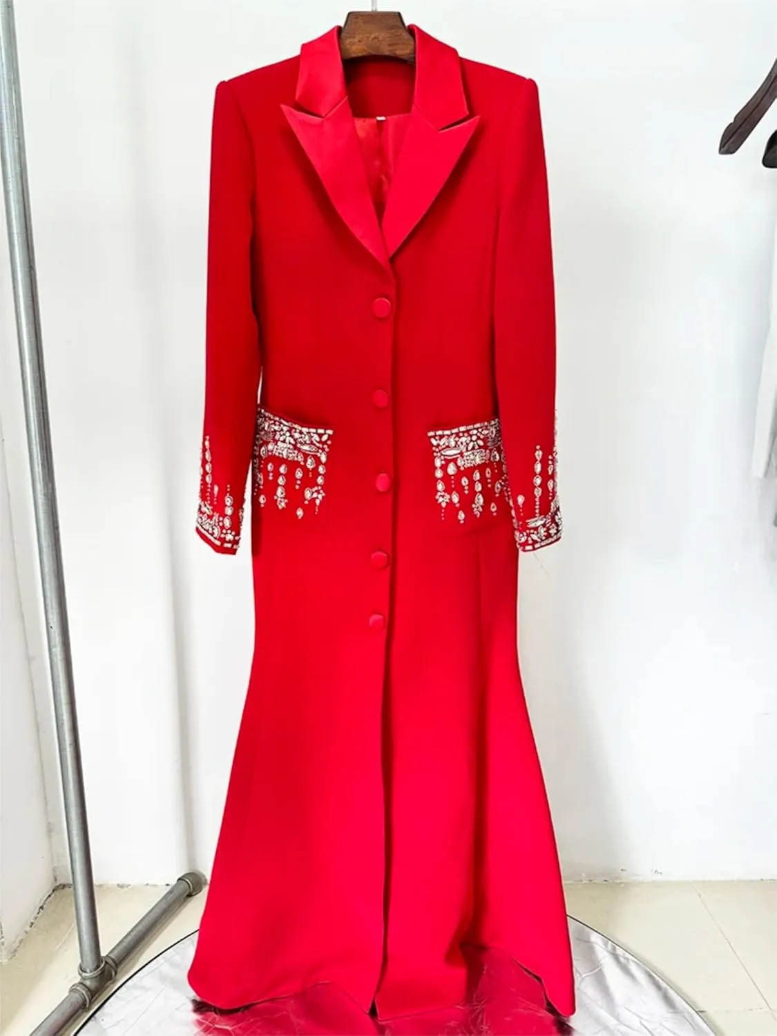 Women's Maxi Blazer Dress Notched Collar Rhinestone Diamonds Beading Evening Party Prom Jacket Dresses