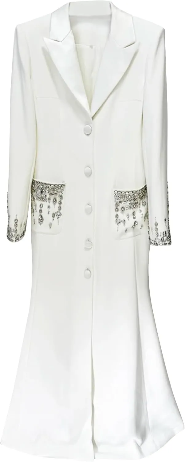 Women's Maxi Blazer Dress Notched Collar Rhinestone Diamonds Beading Evening Party Prom Jacket Dresses