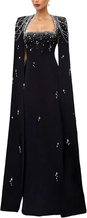 Women's Maxi Long Formal Prom Dress Diamonds Beaded Chains Cape Sleeve Luxury Evening Party Dresses