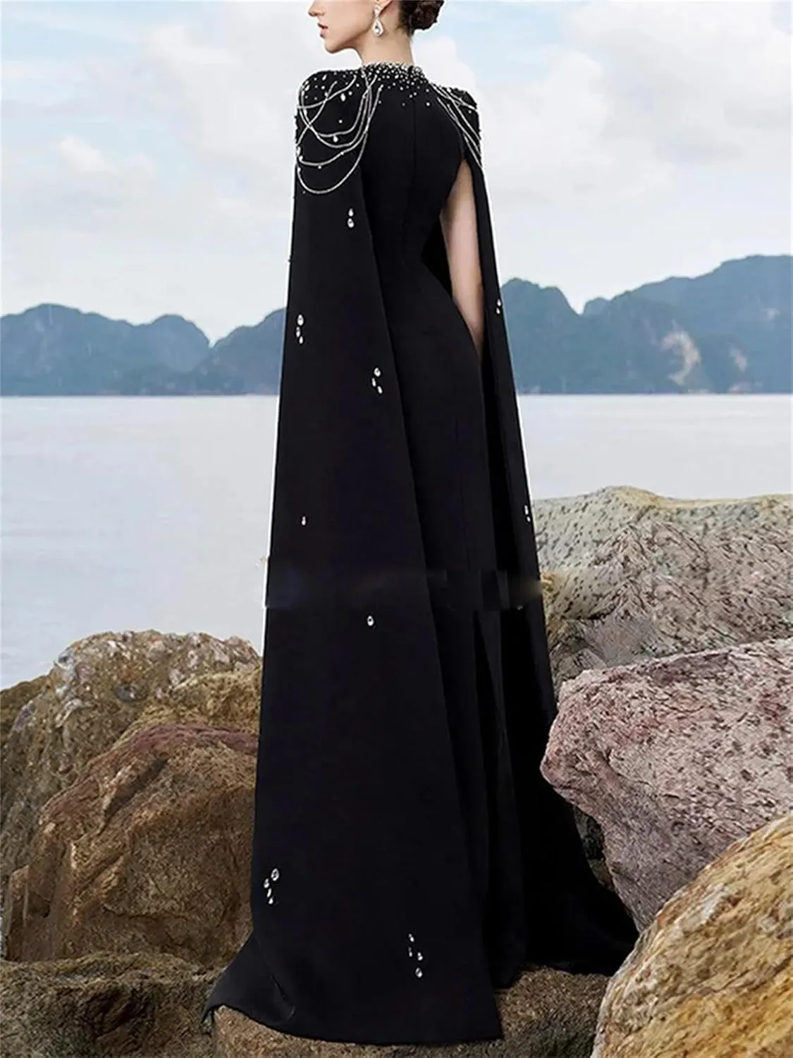 Women's Maxi Long Formal Prom Dress Diamonds Beaded Chains Cape Sleeve Luxury Evening Party Dresses