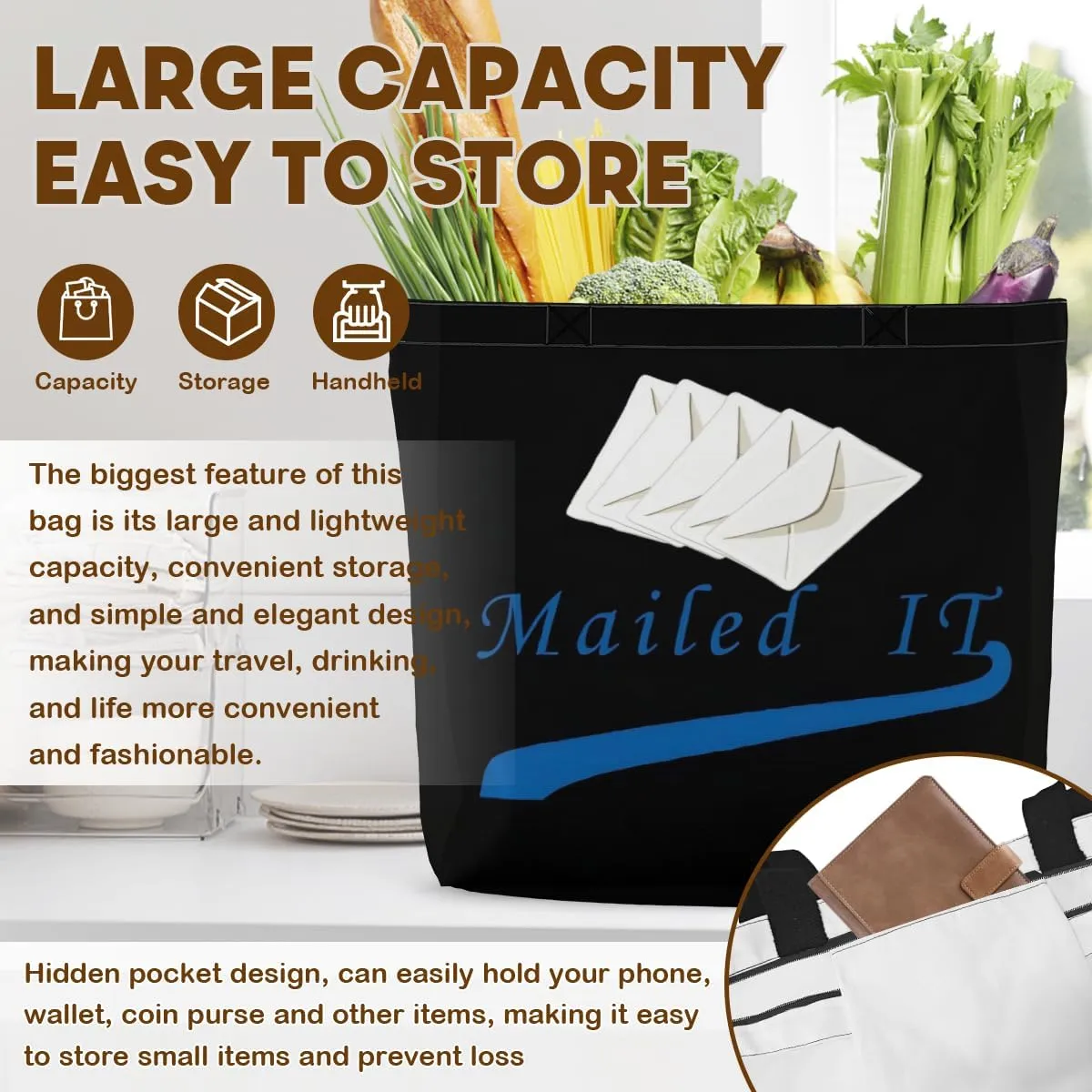 Women's Men Large Kitchen Reusable Grocery Bags Shoulder Bags With Zipper Beach Shopping Bag for Outdoors