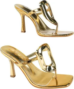 Women's Metallic High Heel Sandals – Elegant Ring-Strap Evening Shoes with Toe-Post Design, Glamorous Stiletto Heels for Galas & Black-Tie Events