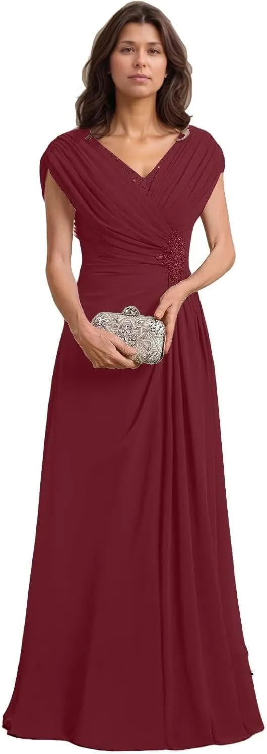 Women’s Mother of The Bride Dresses for Wedding Chiffon A-Line Beaded Pleats Elegant Formal Evening Gowns