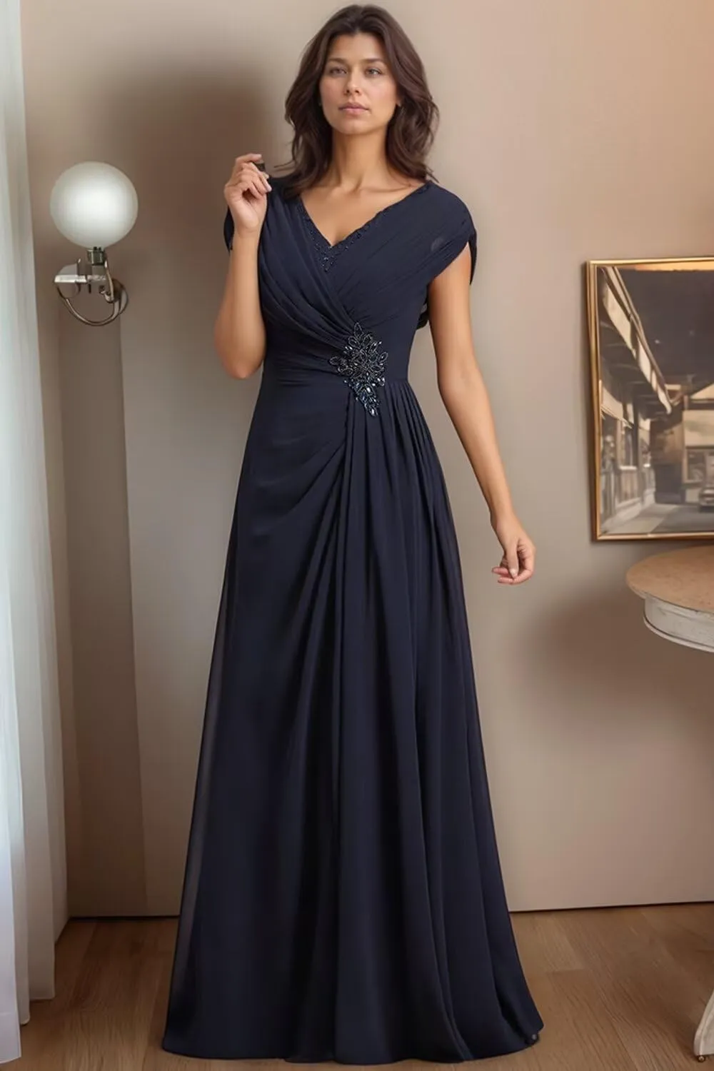 Women’s Mother of The Bride Dresses for Wedding Chiffon A-Line Beaded Pleats Elegant Formal Evening Gowns