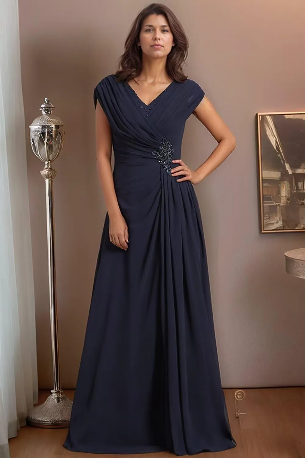 Women’s Mother of The Bride Dresses for Wedding Chiffon A-Line Beaded Pleats Elegant Formal Evening Gowns