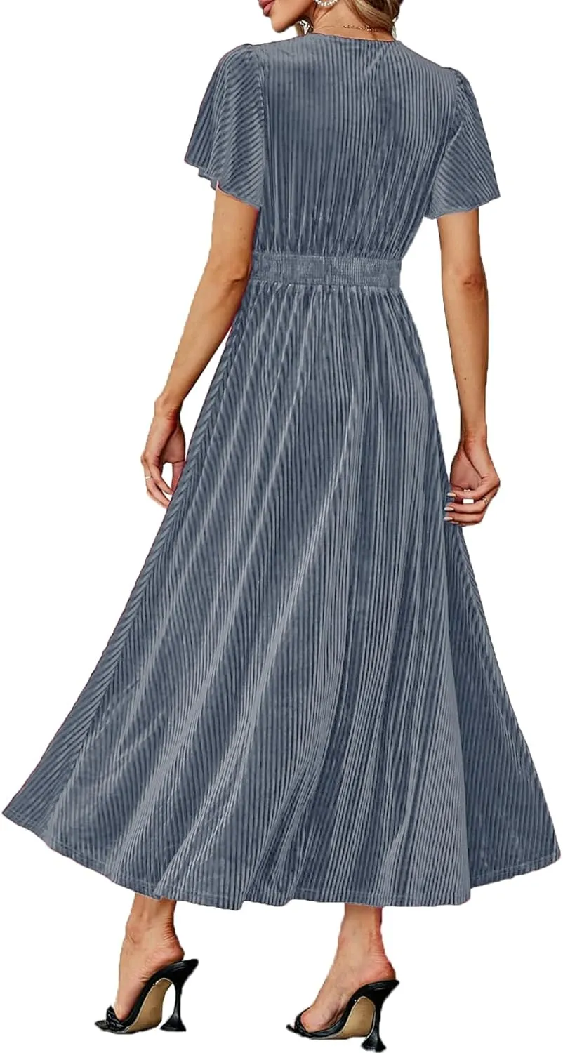 Women's Nursing Short Sleeve V Neck Velvet Maxi Dress Flowy Wedding Party Dresses with Pockets
