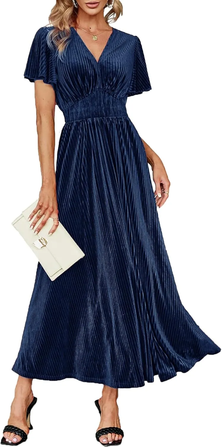 Women's Nursing Short Sleeve V Neck Velvet Maxi Dress Flowy Wedding Party Dresses with Pockets