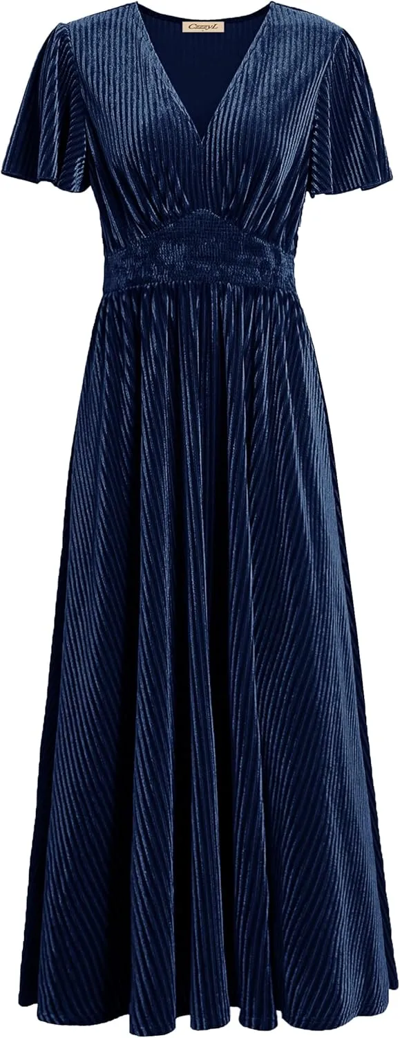 Women's Nursing Short Sleeve V Neck Velvet Maxi Dress Flowy Wedding Party Dresses with Pockets