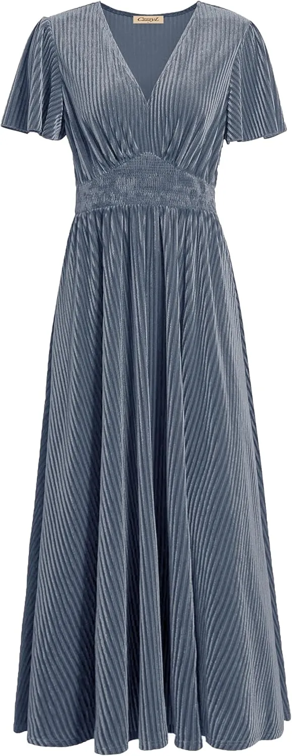 Women's Nursing Short Sleeve V Neck Velvet Maxi Dress Flowy Wedding Party Dresses with Pockets