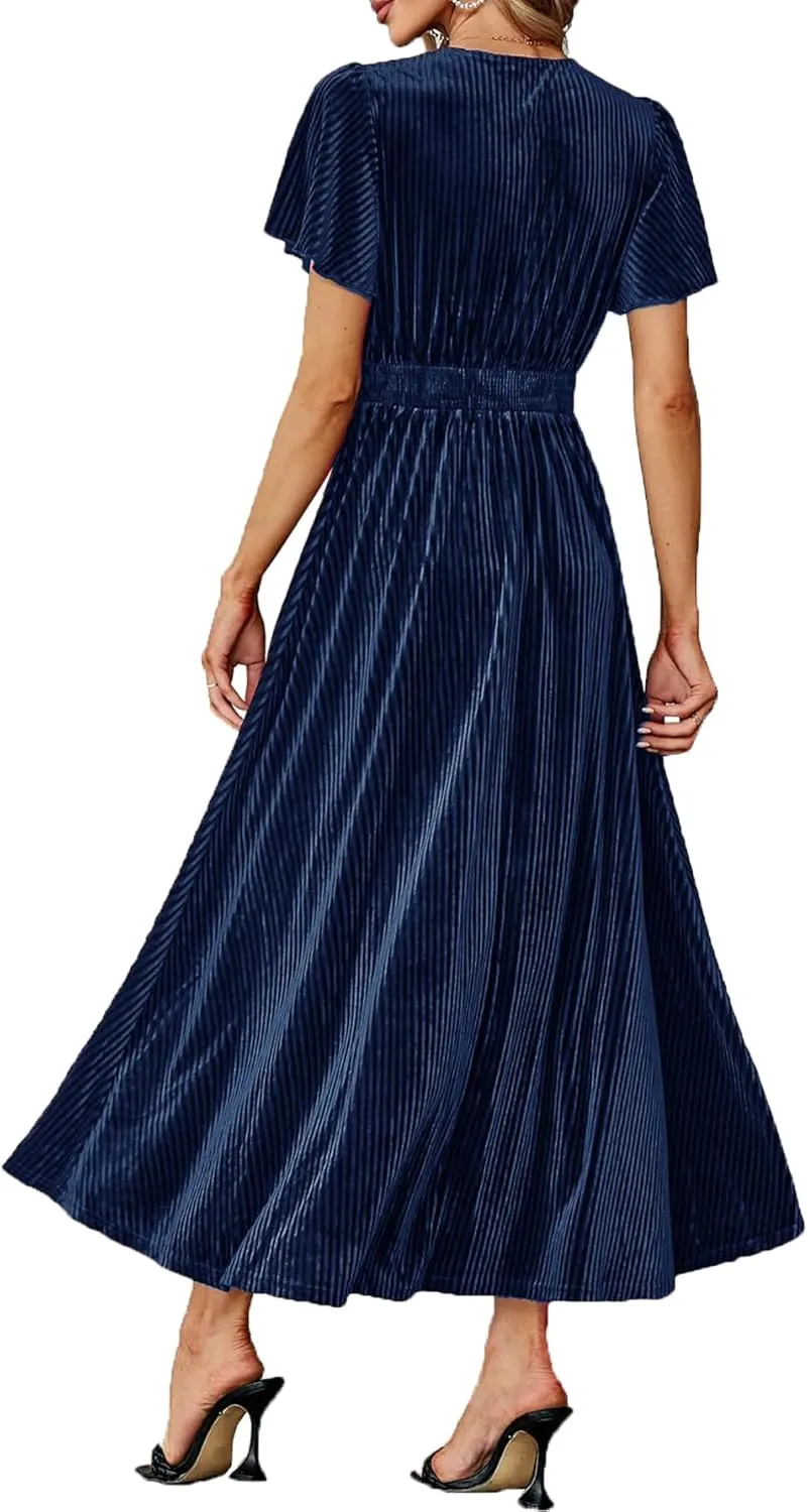 Women's Nursing Short Sleeve V Neck Velvet Maxi Dress Flowy Wedding Party Dresses with Pockets