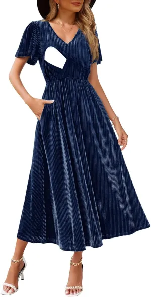 Women's Nursing Short Sleeve V Neck Velvet Maxi Dress Flowy Wedding Party Dresses with Pockets