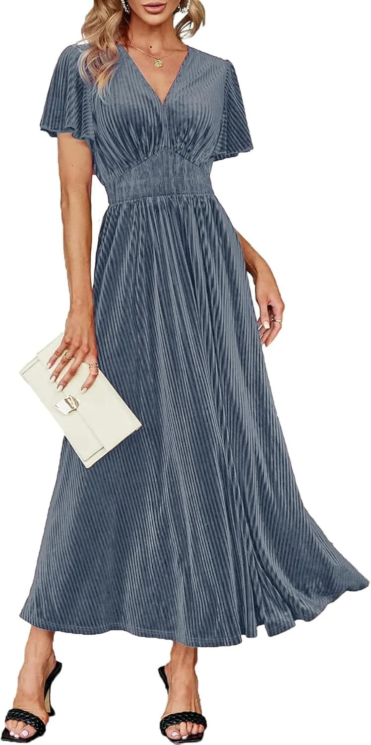 Women's Nursing Short Sleeve V Neck Velvet Maxi Dress Flowy Wedding Party Dresses with Pockets