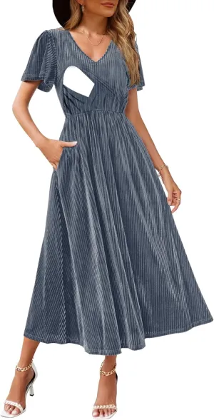 Women's Nursing Short Sleeve V Neck Velvet Maxi Dress Flowy Wedding Party Dresses with Pockets