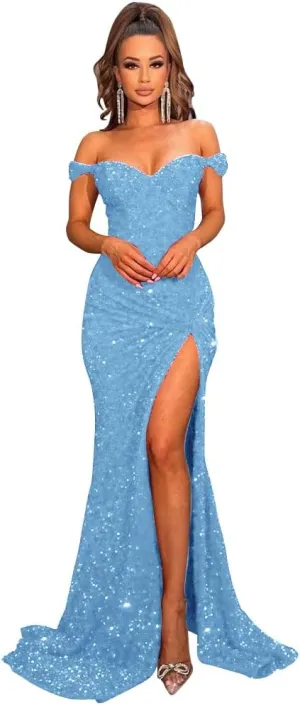 Women's Off Shoulder Mermaid Prom Dresses 2025 Long Sequin Formal Evening Gowns with Slit