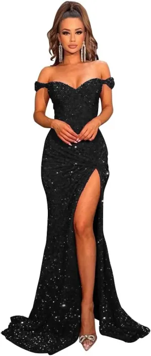 Women's Off Shoulder Mermaid Prom Dresses 2025 Long Sequin Formal Evening Gowns with Slit