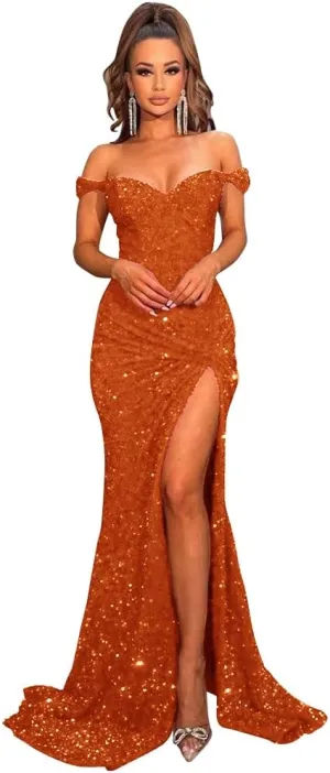 Women's Off Shoulder Mermaid Prom Dresses 2025 Long Sequin Formal Evening Gowns with Slit