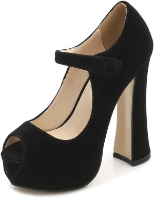 Women's Peep Toe Platform High Heels Ankle Strap Pumps Chunky Heels for Women Velvet Black Tag 43 - US B(M) 10.5