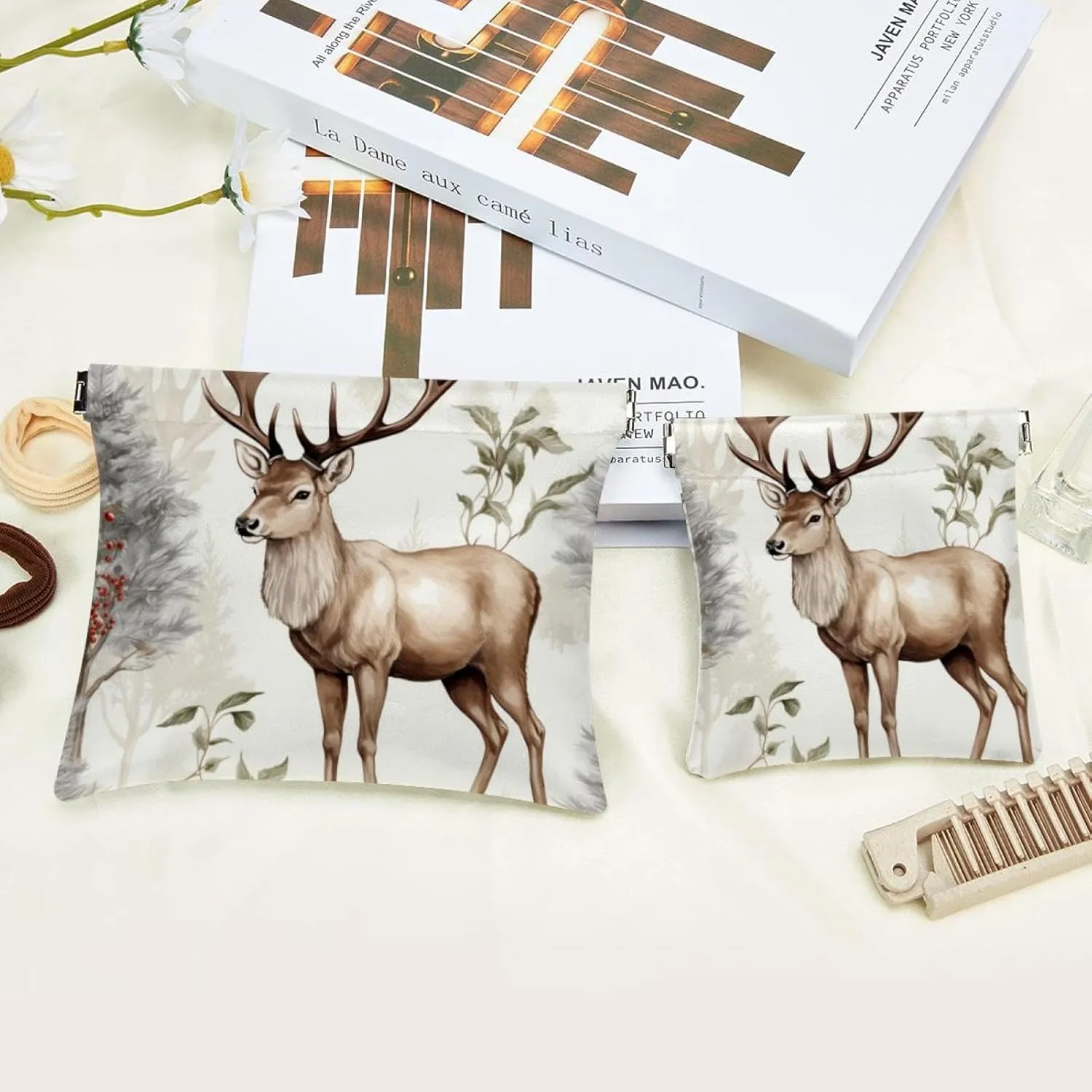 Women’s Pocket Cosmetic Bags, Waterproof Leather Makeup Bag No Zipper Self-Closing Makeup Pouch for Girls, Mini Bag for Purse - Cute Christmas Elk-14
