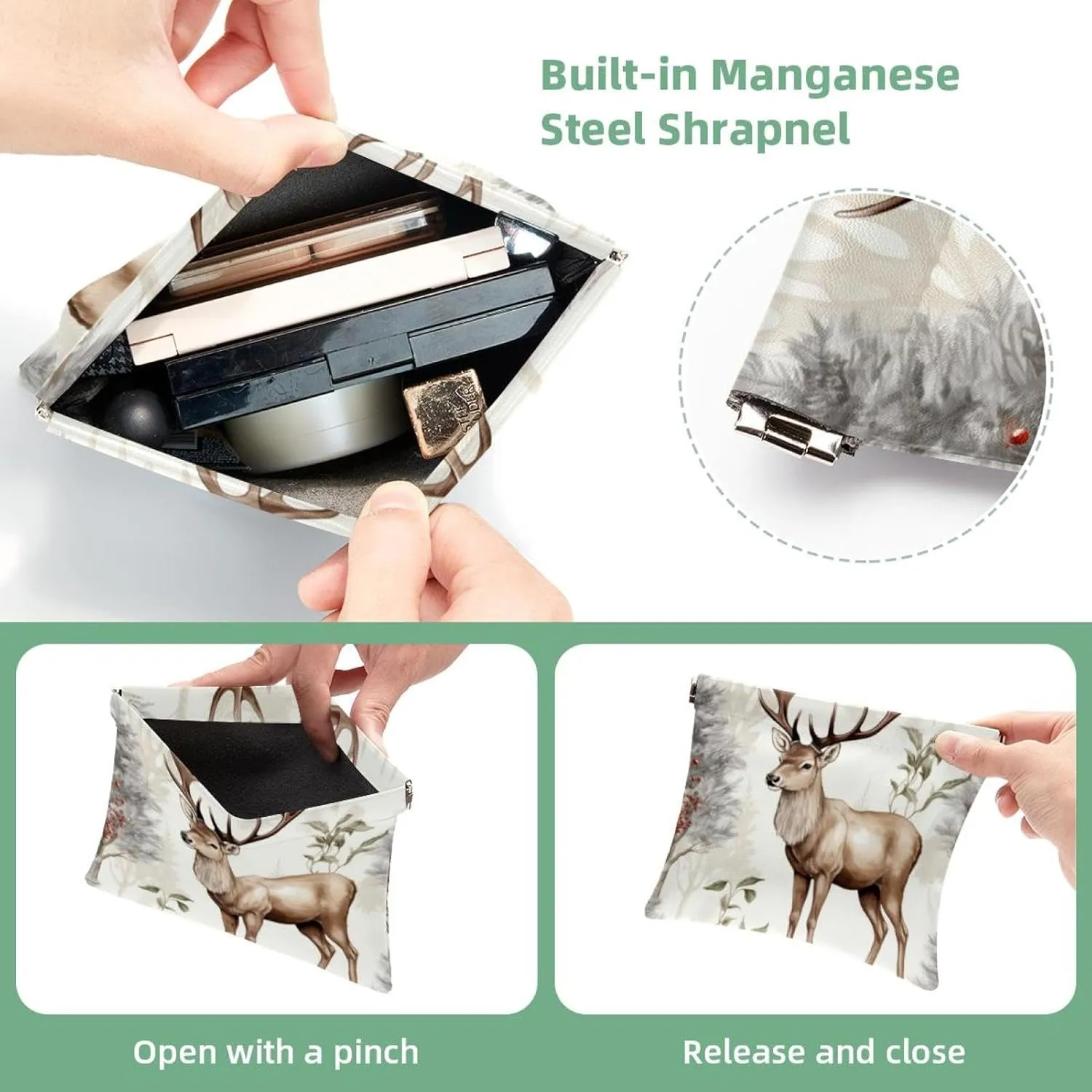 Women’s Pocket Cosmetic Bags, Waterproof Leather Makeup Bag No Zipper Self-Closing Makeup Pouch for Girls, Mini Bag for Purse - Cute Christmas Elk-14