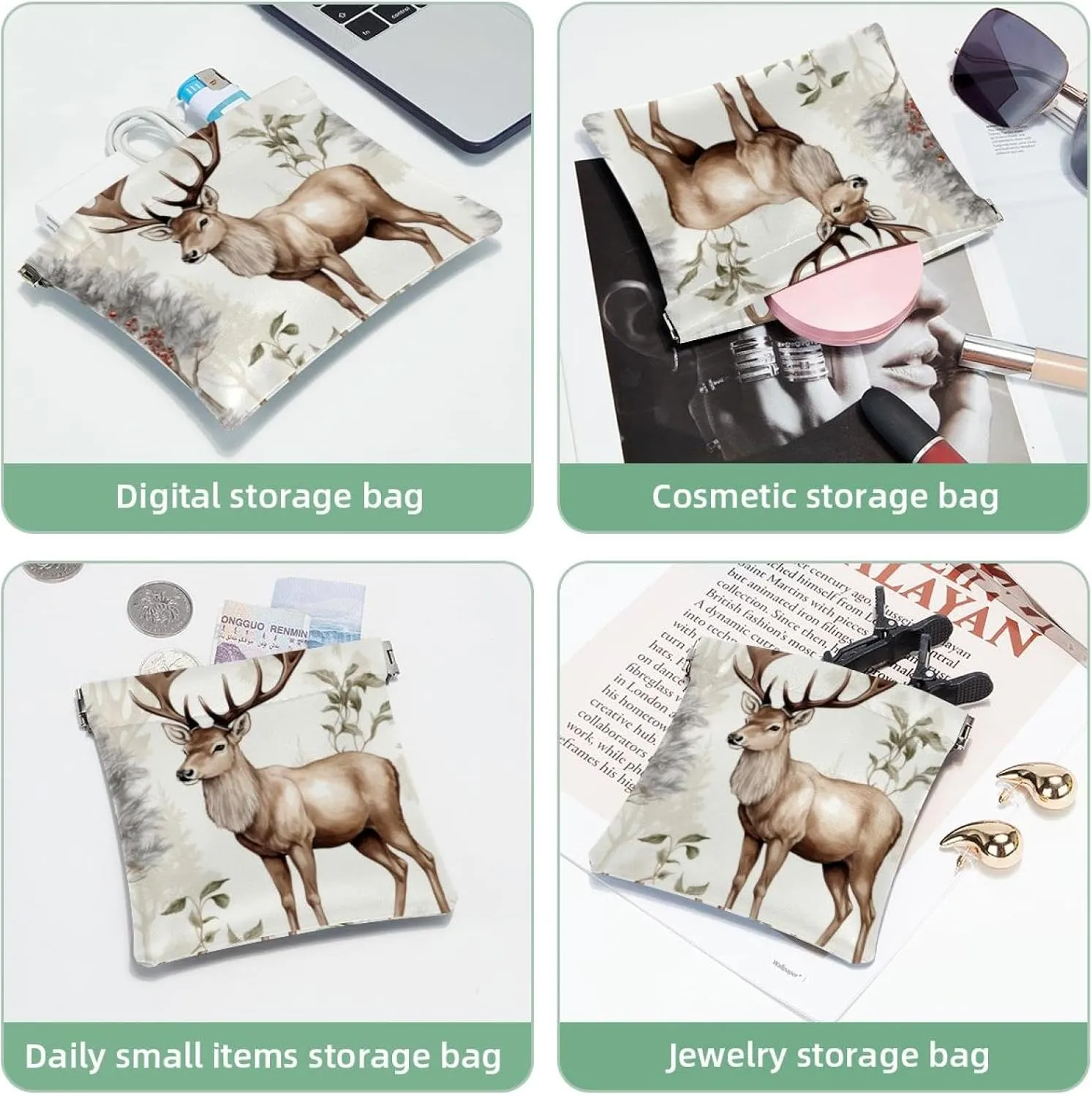 Women’s Pocket Cosmetic Bags, Waterproof Leather Makeup Bag No Zipper Self-Closing Makeup Pouch for Girls, Mini Bag for Purse - Cute Christmas Elk-14