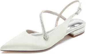 Women's Pointed Toe Beaded Satin Wedding Flats for Bride Comfortable White Bridal Shoes with Ankle Strap Prom Party Shoes Pumps