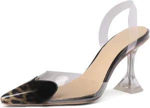 Women's Pointed Toe Cute Heart Kitten Clear Heels Transparent PVC Patent Leather Splicing Slingback Mid Heel Pumps Wedding Office Party Dressy Heeled Sandals for Women