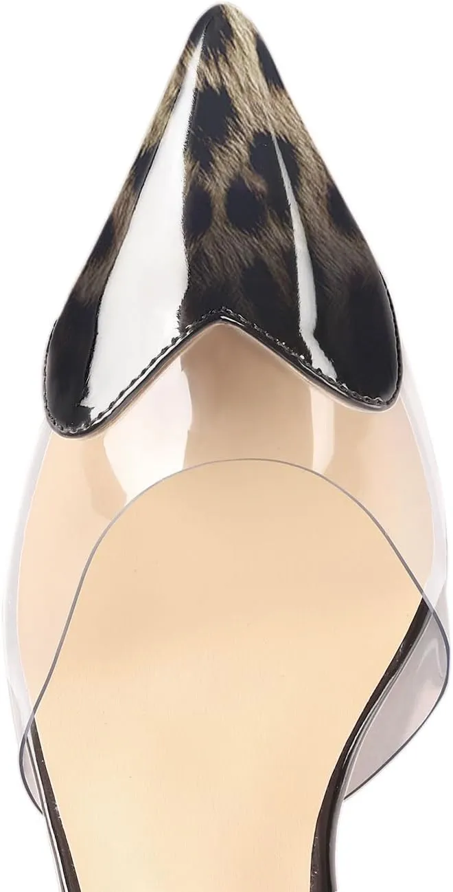 Women's Pointed Toe Cute Heart Kitten Clear Heels Transparent PVC Patent Leather Splicing Slingback Mid Heel Pumps Wedding Office Party Dressy Heeled Sandals for Women