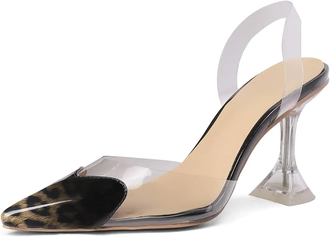Women's Pointed Toe Cute Heart Kitten Clear Heels Transparent PVC Patent Leather Splicing Slingback Mid Heel Pumps Wedding Office Party Dressy Heeled Sandals for Women