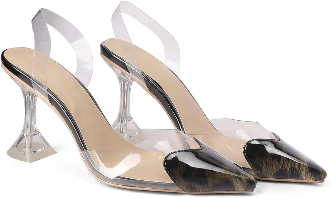 Women's Pointed Toe Cute Heart Kitten Clear Heels Transparent PVC Patent Leather Splicing Slingback Mid Heel Pumps Wedding Office Party Dressy Heeled Sandals for Women