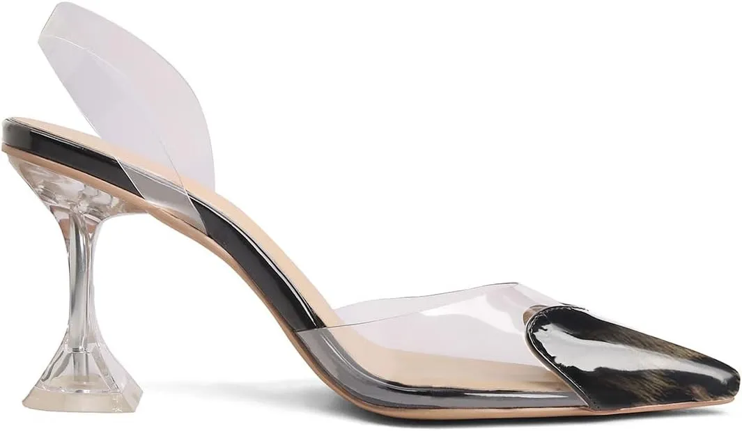 Women's Pointed Toe Cute Heart Kitten Clear Heels Transparent PVC Patent Leather Splicing Slingback Mid Heel Pumps Wedding Office Party Dressy Heeled Sandals for Women