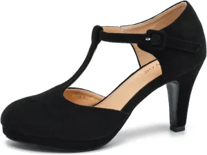 Women's Pumps Close Toe Kitten Heels Retro T Strap Mary Jane Comfortable Office Work Dress Shoes Black Velvet-37US 6